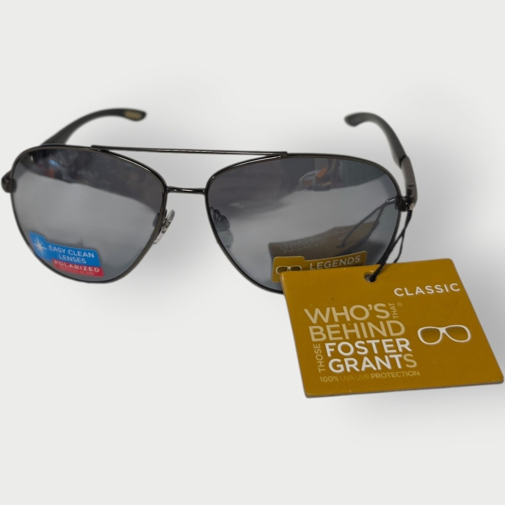VINTAGE Foster Grant Aviator Sunglasses Black Metal Frame Gray Lenses New Guy 45